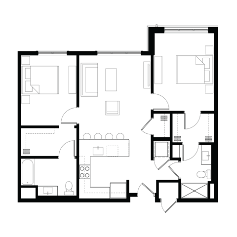 Floor plan for 2 beds, 2 baths, 976 sqft